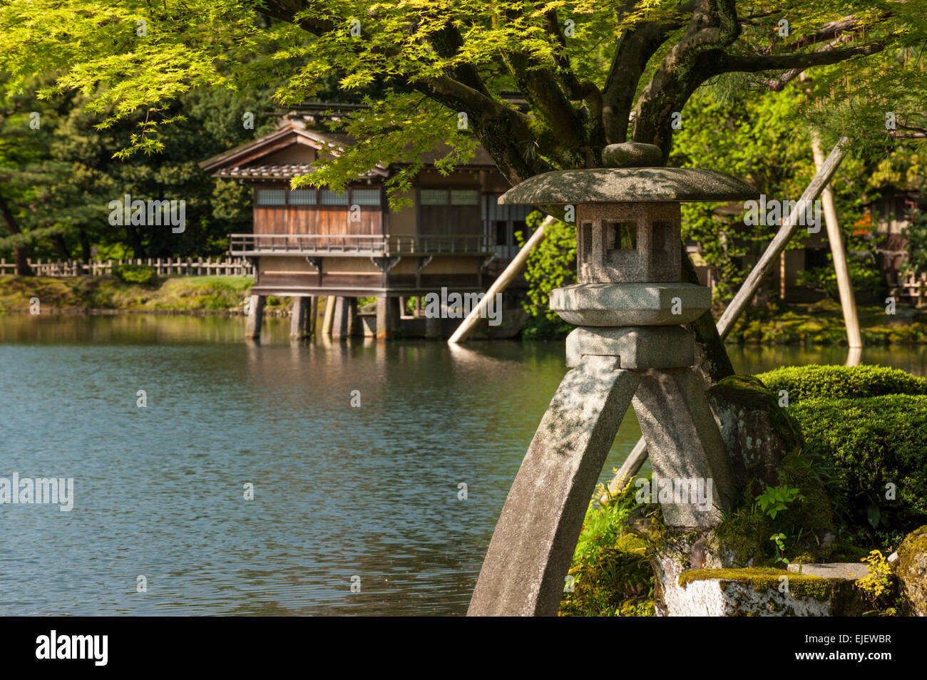 Kenrokuen Garden's Uchihashi-tei tea house seen behind the famous Kotoji Toro lantern on a bright summer morning. Stock Photo