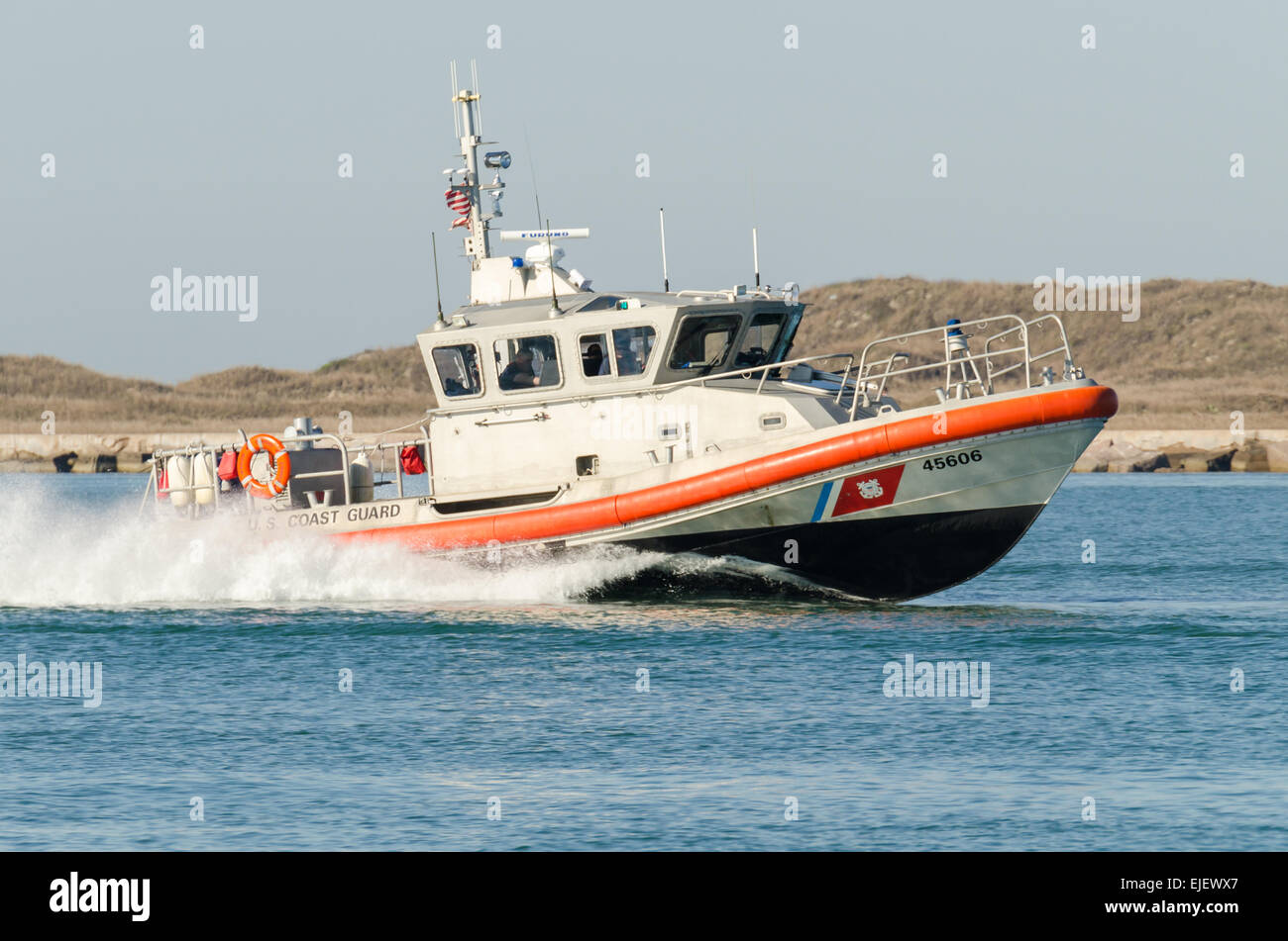 Coast Guard Response Boat Medium RB-M underway in the Corpus Christi ship channel near Port Aransas, Tx USA Stock Photo