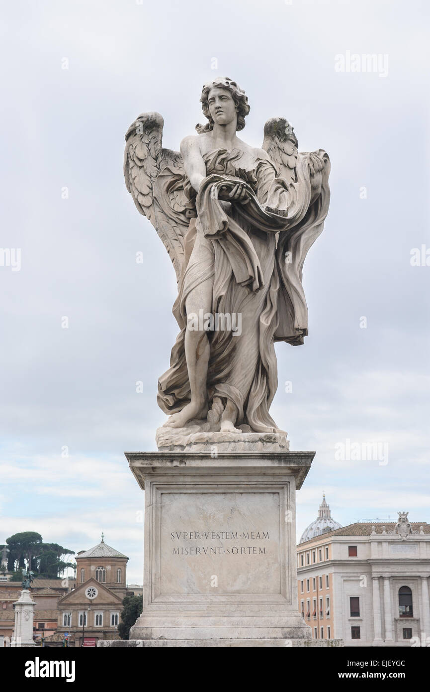 Angel with the Garment and Dice is a statue on the Ponte Sant'Angelo in Rome, Italy. Stock Photo
