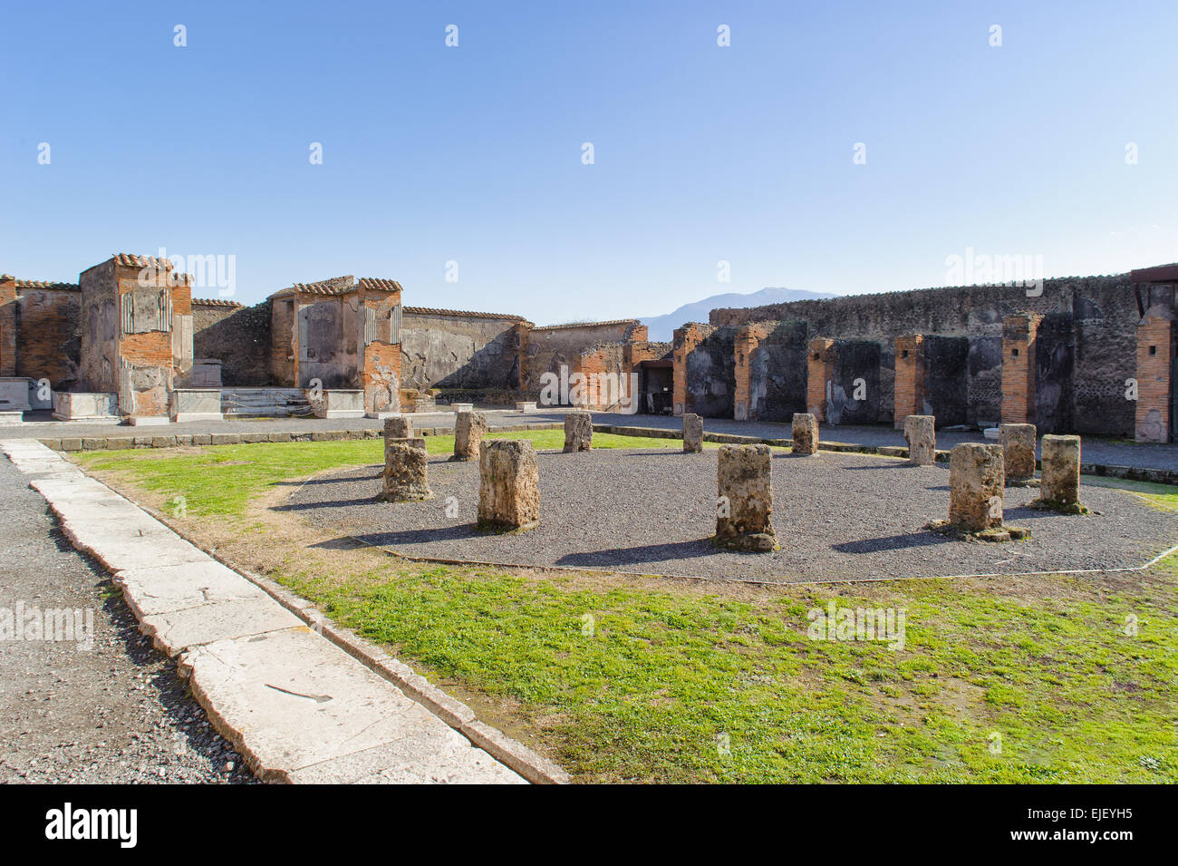 ruined market place in Pompeii. Pompeii is a ruin of acient Roman City near Naples in Italy. Stock Photo