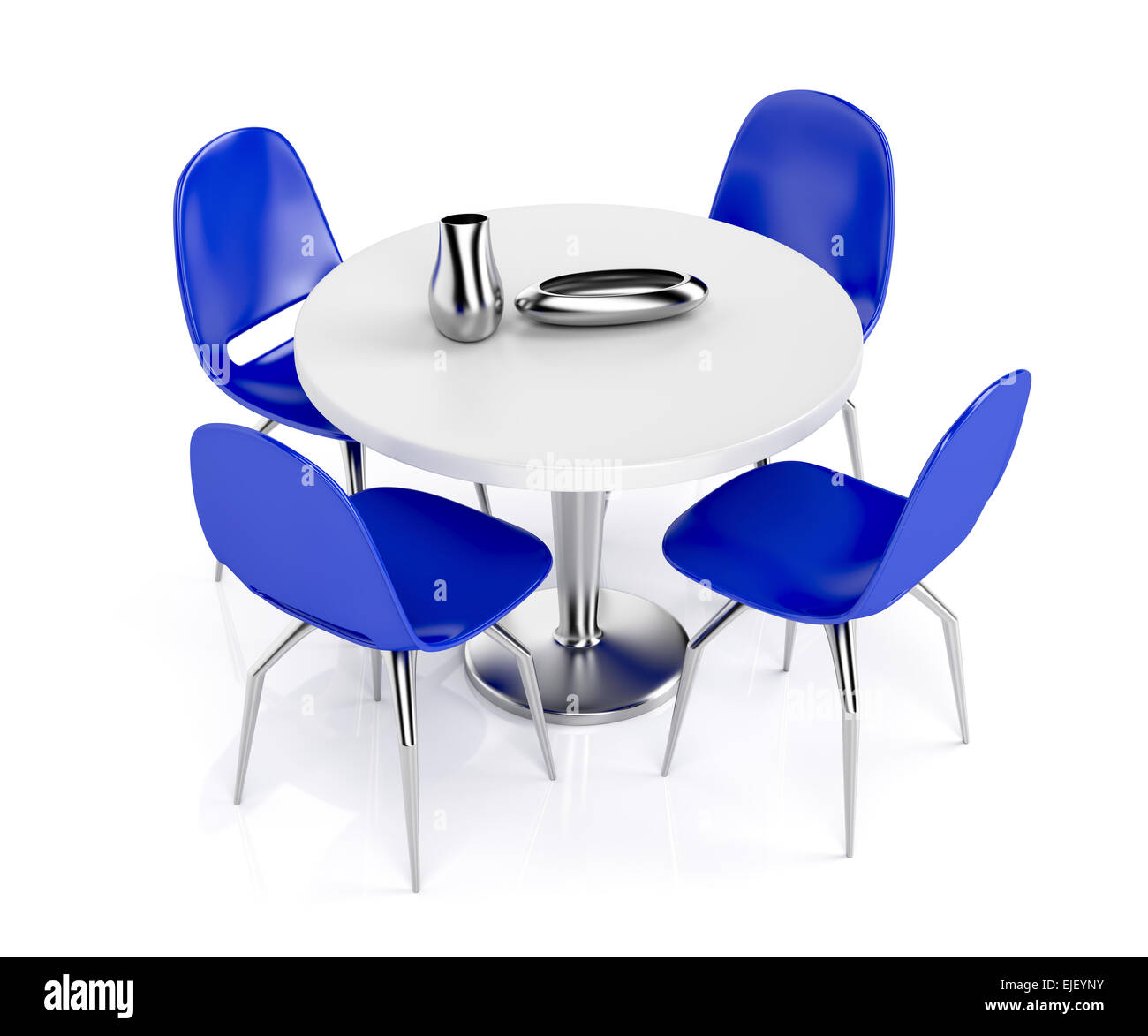 Round Dining Table And Blue Plastic Chairs On White Background