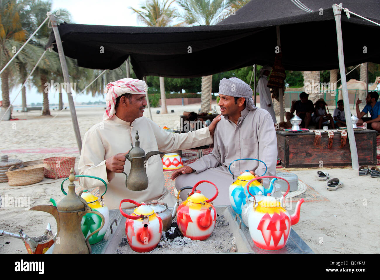 Teatime at the Bedouin camp on the Emirates Palace Beach Abu Dhabi Stock Photo