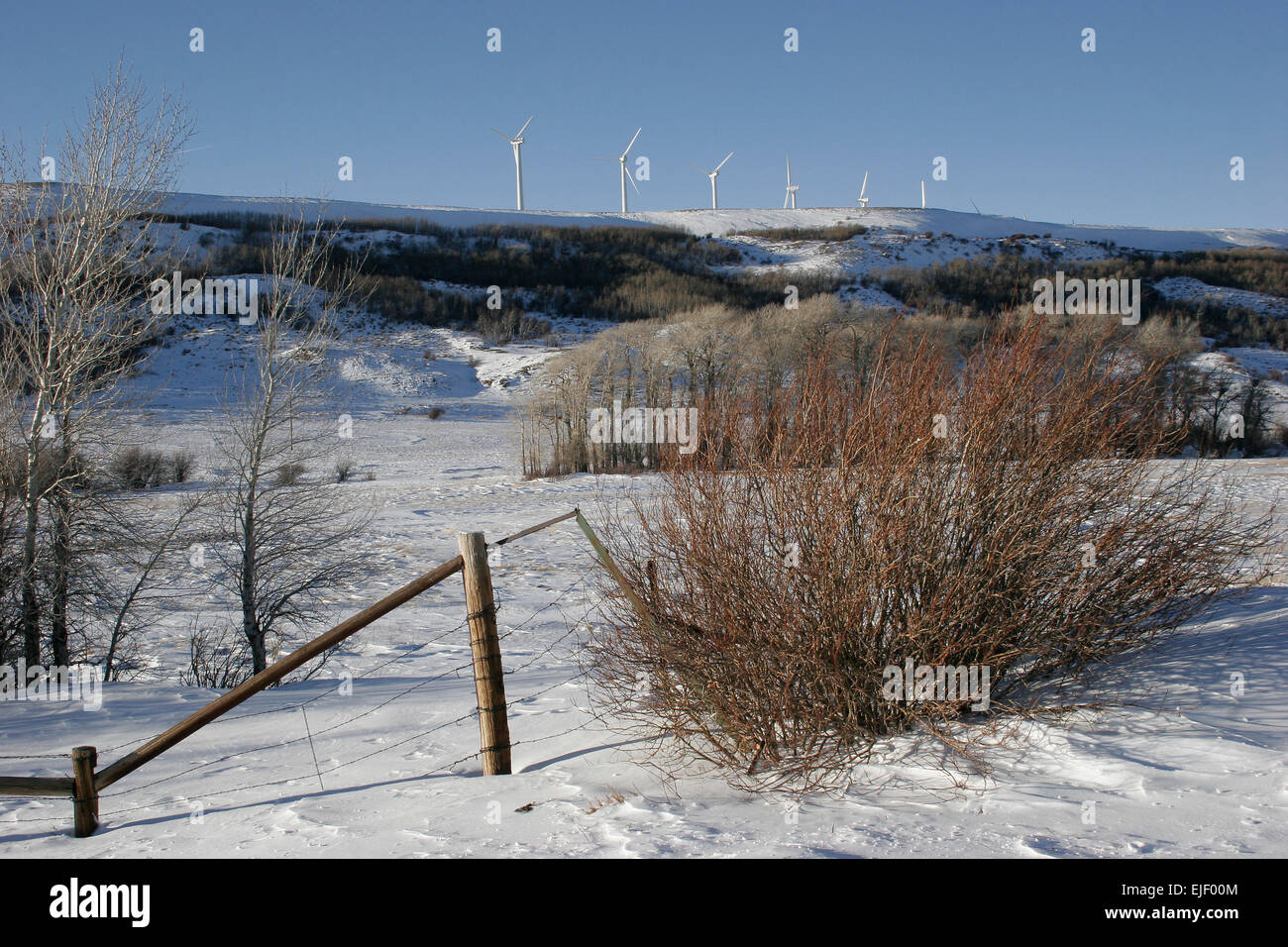 Six wind turbines on a hill in western Wyoming, USA Stock Photo