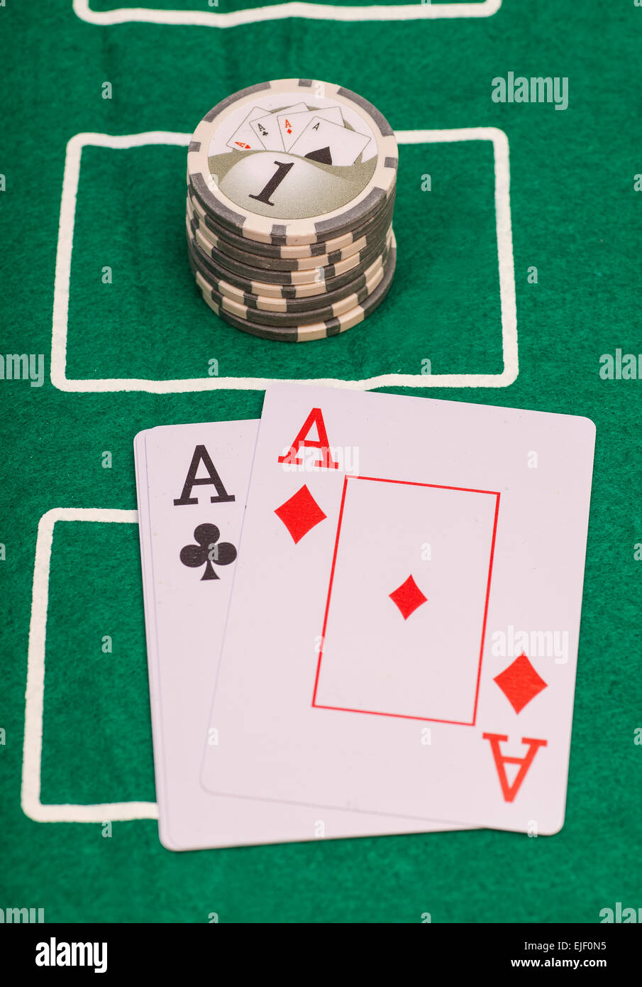 Poker cards, ace and casino chips Stock Photo