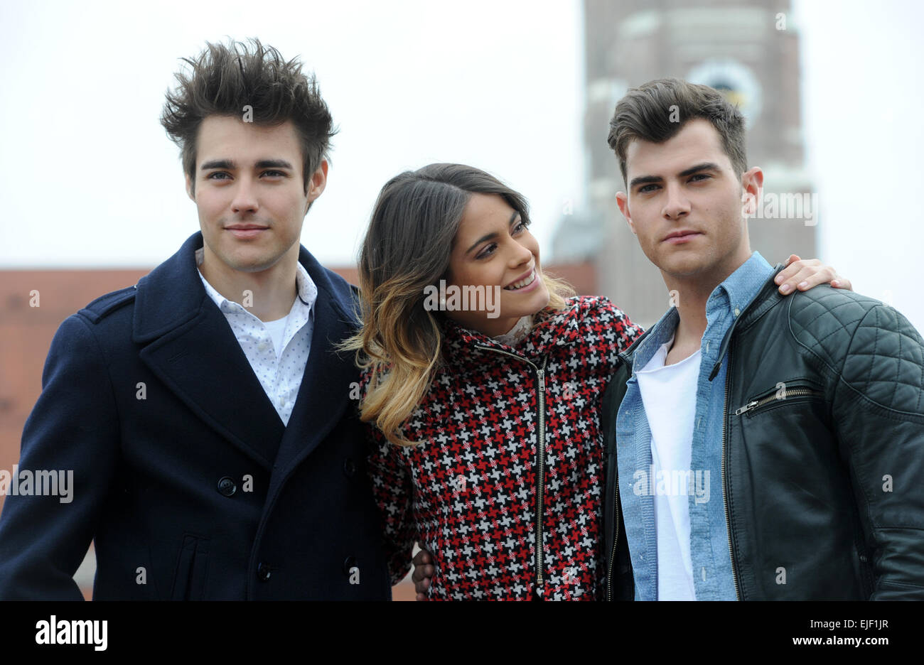 Munich, Germany. 25th Mar, 2015. Actors Jorge Blanco (Mexico, as Leon), Martina Stoessel (Argentina, as Violetta) and Diego Dominguez (Spain, as Diego) pose during a press event on the roof of a hotel in Munich, Germany, 25 March 2015. The actors are promoting the new Disney TV show 'Violetta' in Germany. PHOTO: TOBIAS HASE/dpa/Alamy Live News Stock Photo