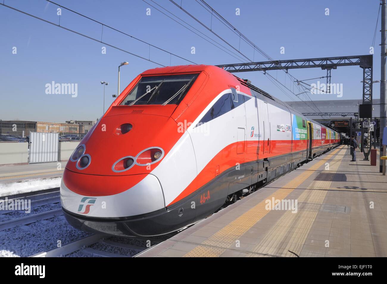 Milan, connection with high-speed train Trenitalia Frecciarossa in the Rho Fiera station for Universal  EXPO 2015 Stock Photo