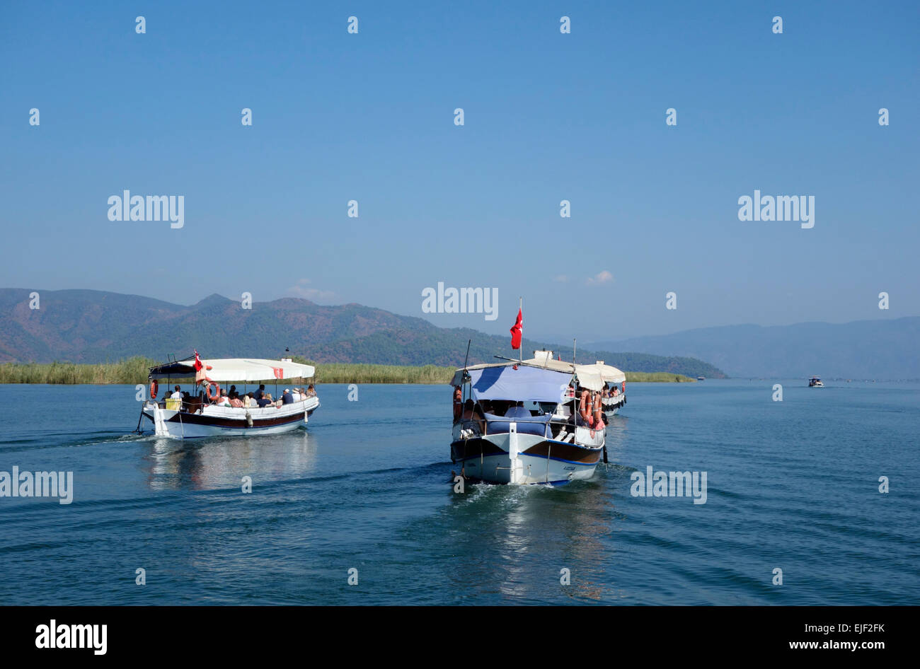 Boats heading out on a day trip to Köyceğiz market, Turkey Stock Photo