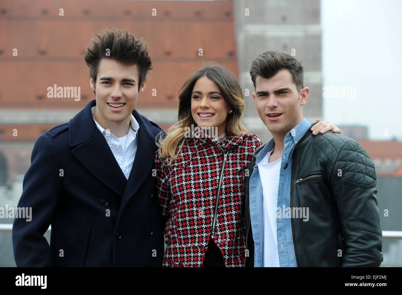 Munich, Germany. 25th Mar, 2015. Actors Jorge Blanco (l-r) (Mexico, as Leon), Martina Stoessel (Argentina, as Violetta) and Diego Dominguez (Spain, as Diego) pose during a press event on the roof of a hotel in Munich, Germany, 25 March 2015. The actors are promoting the new Disney TV show 'Violetta' in Germany. PHOTO: TOBIAS HASE/dpa/Alamy Live News Stock Photo