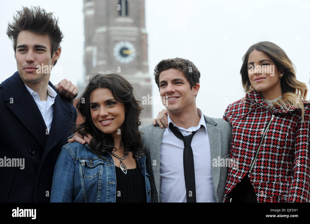 Munich, Germany. 25th Mar, 2015. Actors Jorge Blanco (L-R) (Mexico, as Leon), Alba Rico (Spain, as Naty), Ruggero Pasquarelli (Italy, as Frederico) and Martina Stoessel (Argentina, as Violetta) pose during a press event on the roof of a hotel in Munich, Germany, 25 March 2015. The actors are promoting the new Disney TV show 'Violetta' in Germany. PHOTO: TOBIAS HASE/dpa/Alamy Live News Stock Photo