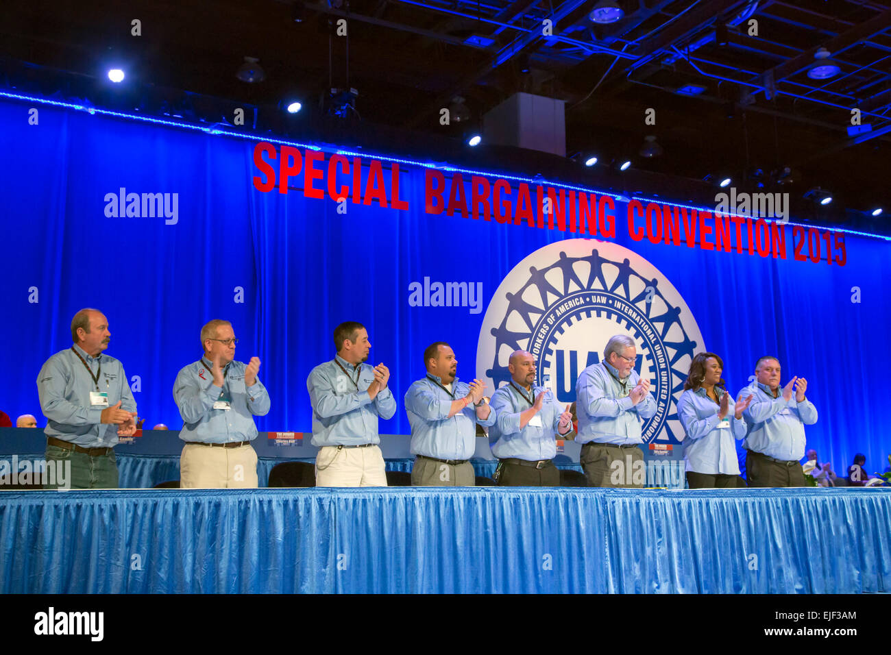 Detroit, Michigan. 25th March, 2015. The United Auto Workers special bargaining convention adopted goals for a new round of contract bargaining. The union's negotiating team for the Fiat Chrysler contract was introduced. Credit:  Jim West/Alamy Live News Stock Photo