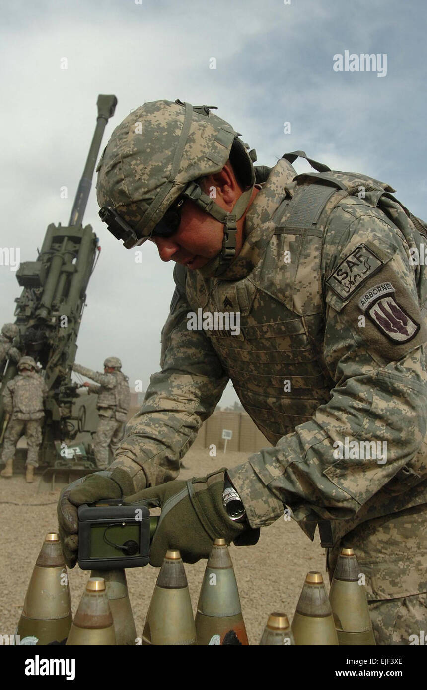Sgt. Joseph Sullivan uses a portable inductive fuse setter to set and activate rounds to be fired from an M-777 howitzer during a training exercise on Forward Operating Base Salerno, Afghanistan, on Feb. 28, 2008.  Sullivan is an ammo team chief with the U.S. ArmyÕs 3rd Battalion, 321st Field Artillery Regiment, 18th Field Artillery Brigade.   Spc. Micah E. Clare, U.S. Army.  Released Stock Photo
