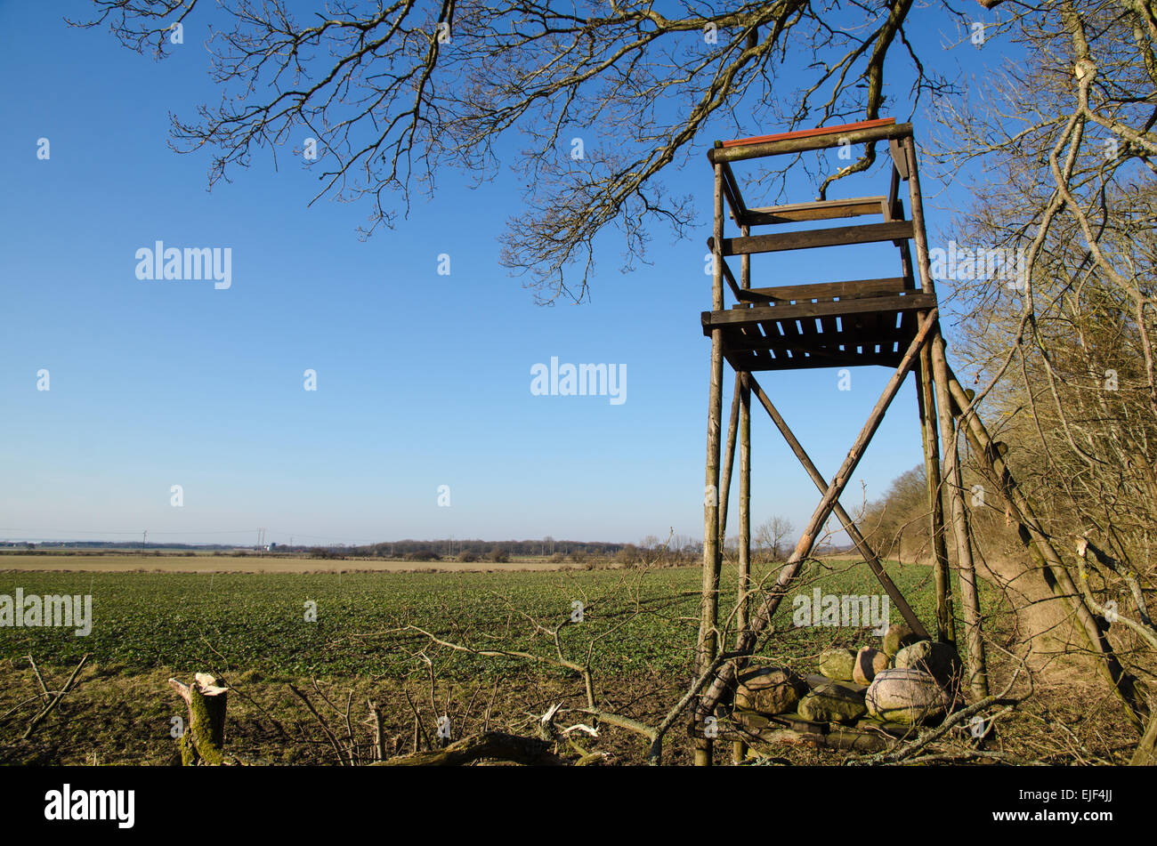 Hunting tower with great view over the fields at the swedish island Oland. Stock Photo