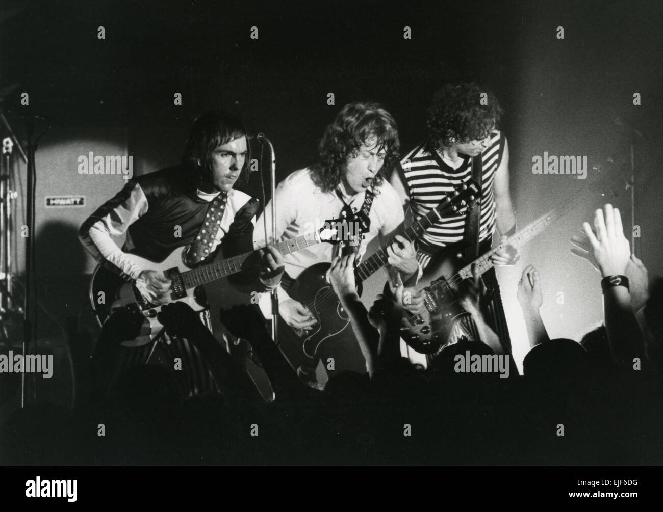SLADE UK pop rock group on 26 June 1980. From left Dave Hill, Noddy Holder, Jim Lea. Photo M Bundy Stock Photo