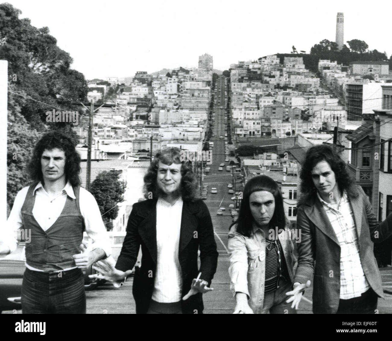 SLADE UK pop rock group in San Francisco in 1973, from left: Don Powell, Noddy Holder, Dave Hill, Jim Lea Stock Photo