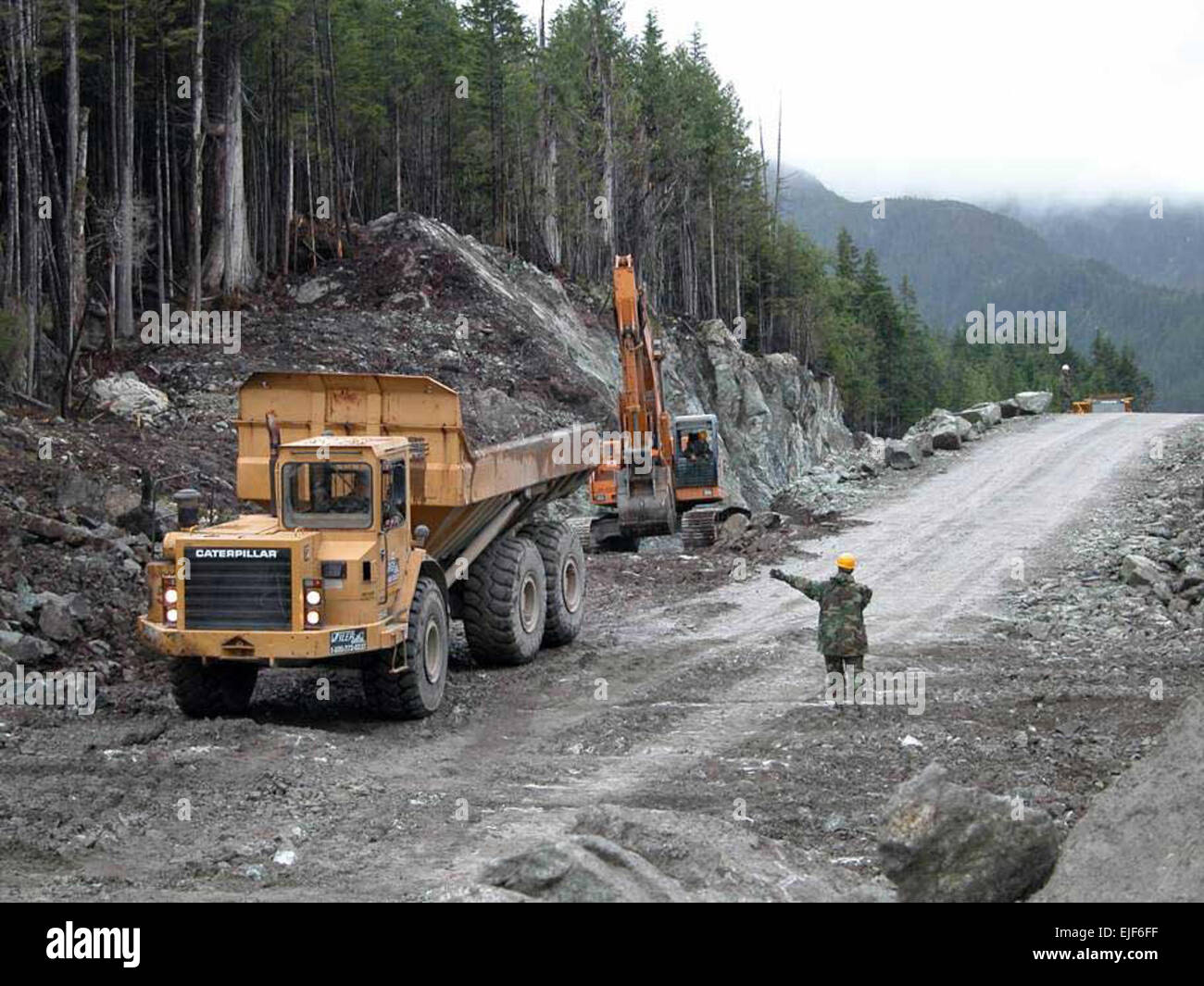 Construction provided by Missouri National Guard members and members of other military services recently concluded on the 14.3-mile roadway on Annette Island, Alaska. First proposed by the Metlakatla Indian community nearly 60 years ago, the road project started to become reality in 1997 when plans were formulated and the base camp, Camp Wy Wuh, was built. Missouri National Guard photo Stock Photo