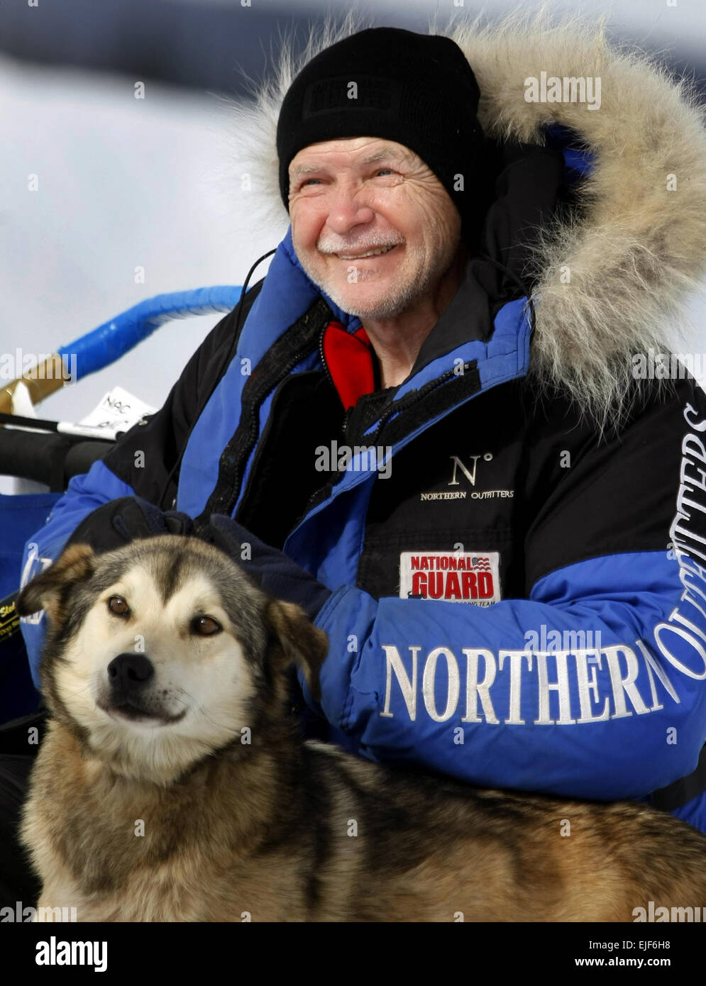 U.S. Army Master Sgt. Rodney Whaley, a Tennessee Army National Guardsman, poses for photos with one of his sled dogs in Alaska on March 10, 2008.  Whaley will be competing for the upcoming 2008 Iditarod dog sled race, billed as &quot;The World's Last Great Race&quot; in Anchorage, Alaska, which will take him over frozen rivers, jagged mountain ranges, dense forests, desolate tundra and miles of windswept coast.  Whaley will become the first Tennessean in history to compete in the race.   Russel Lee Klika, U.S. Army. Stock Photo