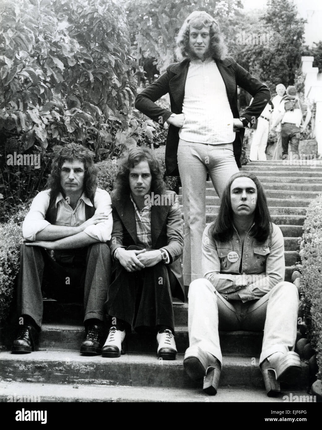 SLADE UK pop rock group about 1973. From left: Don Powell, Jim Lea, Noddy Holder, Dave Hill Stock Photo