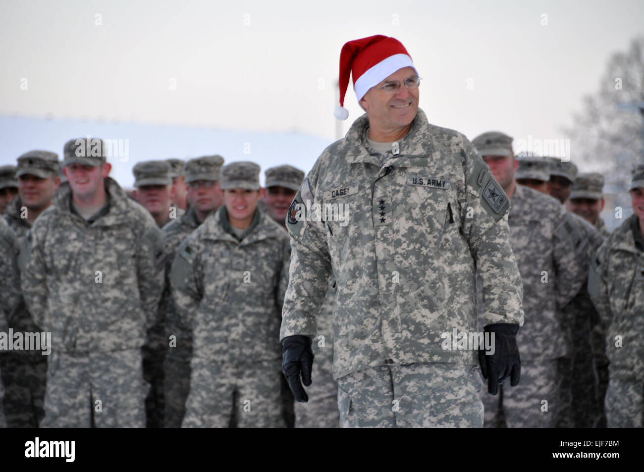 Army Chief of Staff Gen. George W. Casey Jr. displays some holiday spirit Dec. 21, as he speaks to the Soldiers of 1st Armored Division in Germany, about their role in their upcoming deployment to Iraq and how the Afghanistan troop surge will affect it. Stock Photo