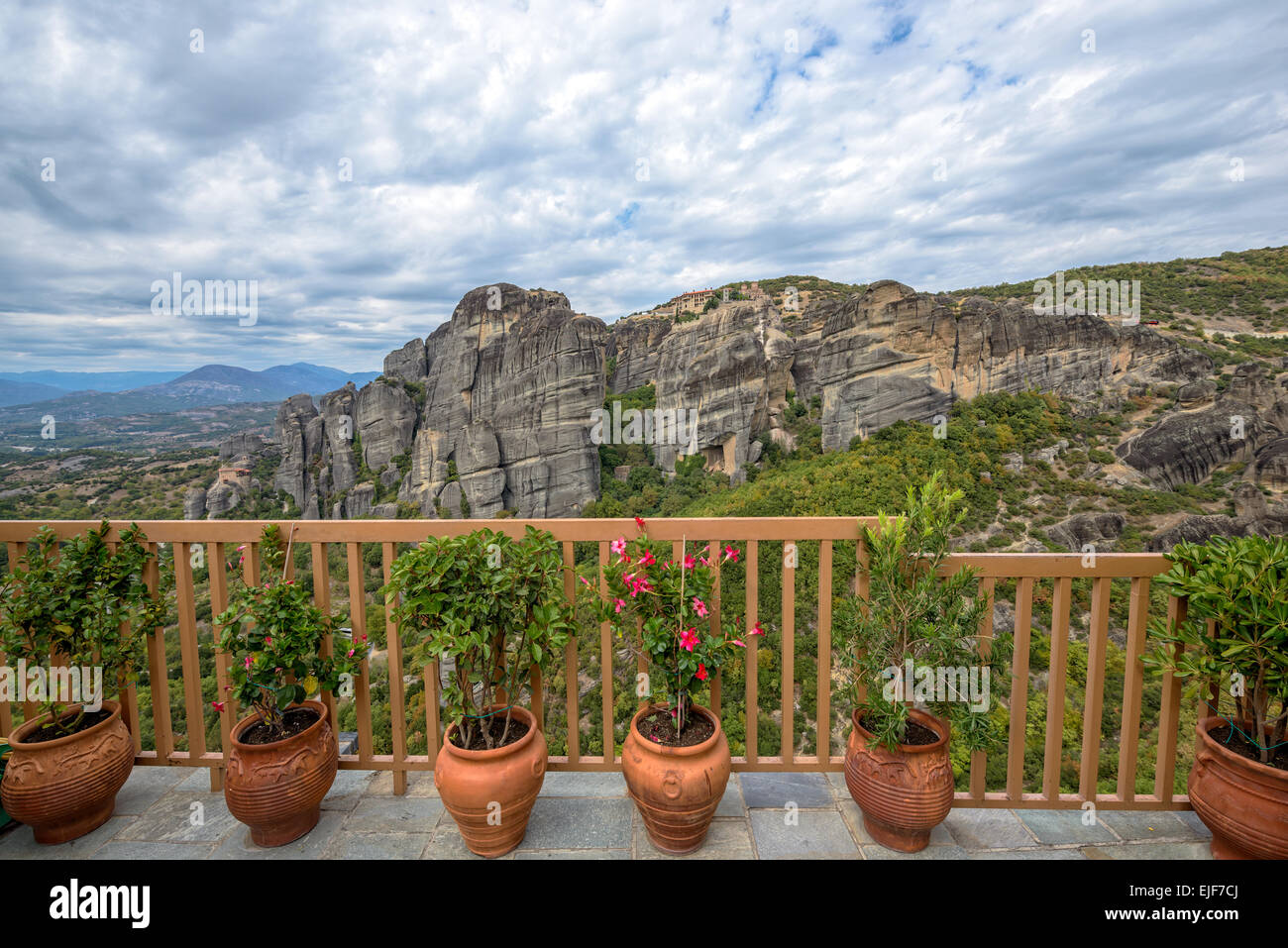 Landscape with orthodox monasteries on top of Meteora rocks in Greece ...