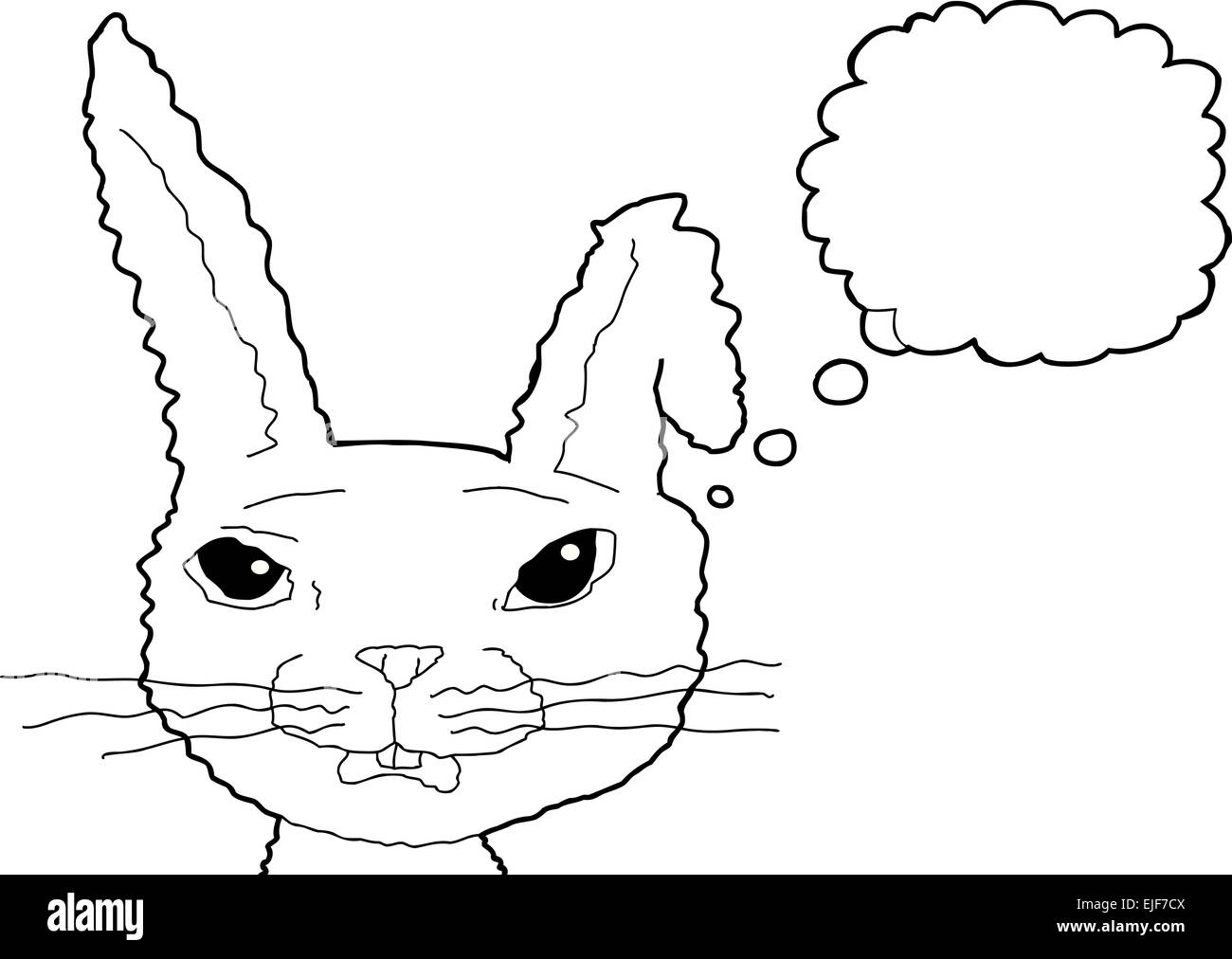 Outlined fuzzy cartoon rabbit with thought bubble Stock Photo