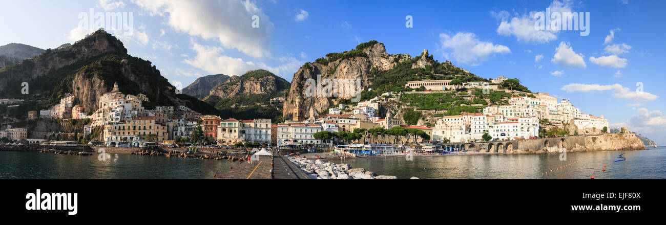 Panoramic Positano Town and coastline from the bay, Amalfi Coast, Italy Stock Photo