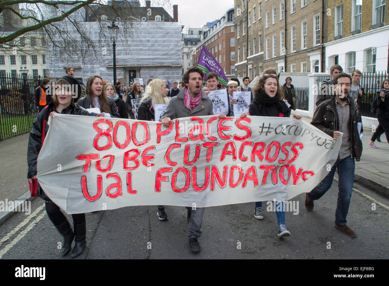 London, UK.  25th March, 2015. Students, education workers and supporters marched from London School of Economics (LSE) to the London College of Communication (LCC) in Elephant and Castle, under the banner of ‘March to stop the cuts at UAL: free education for all’ The demonstration is aimed primarily at protesting a series of devastating cuts to Foundation courses at UAL, but is also themed around a broader fight for free and democratic education. The march will demand that the cuts are cancelled, Credit:  Paul Mendoza/Alamy Live News Stock Photo