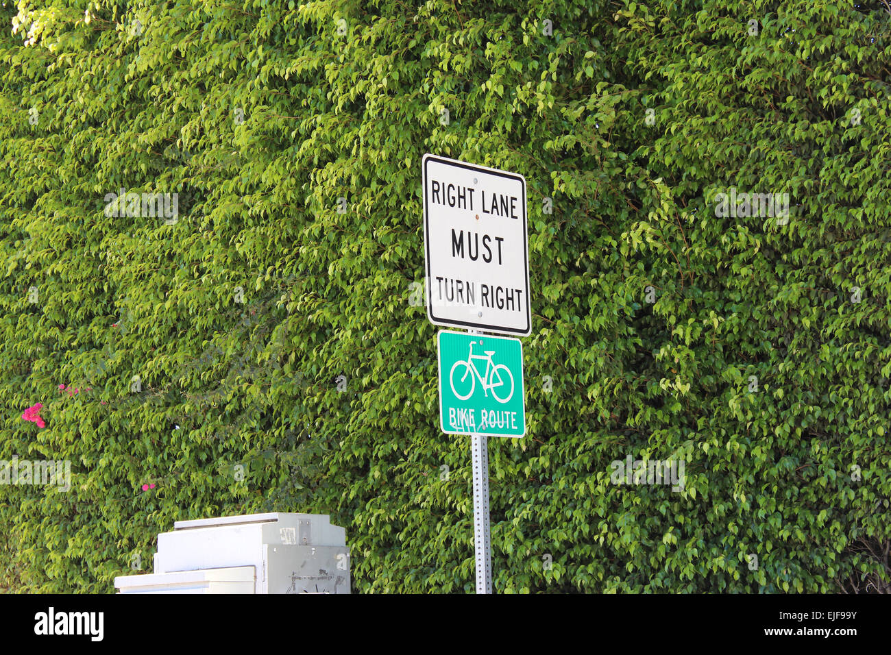 Highway code - Right Lane Must Turn Right. Bike Route. Road sign in California, USA Stock Photo