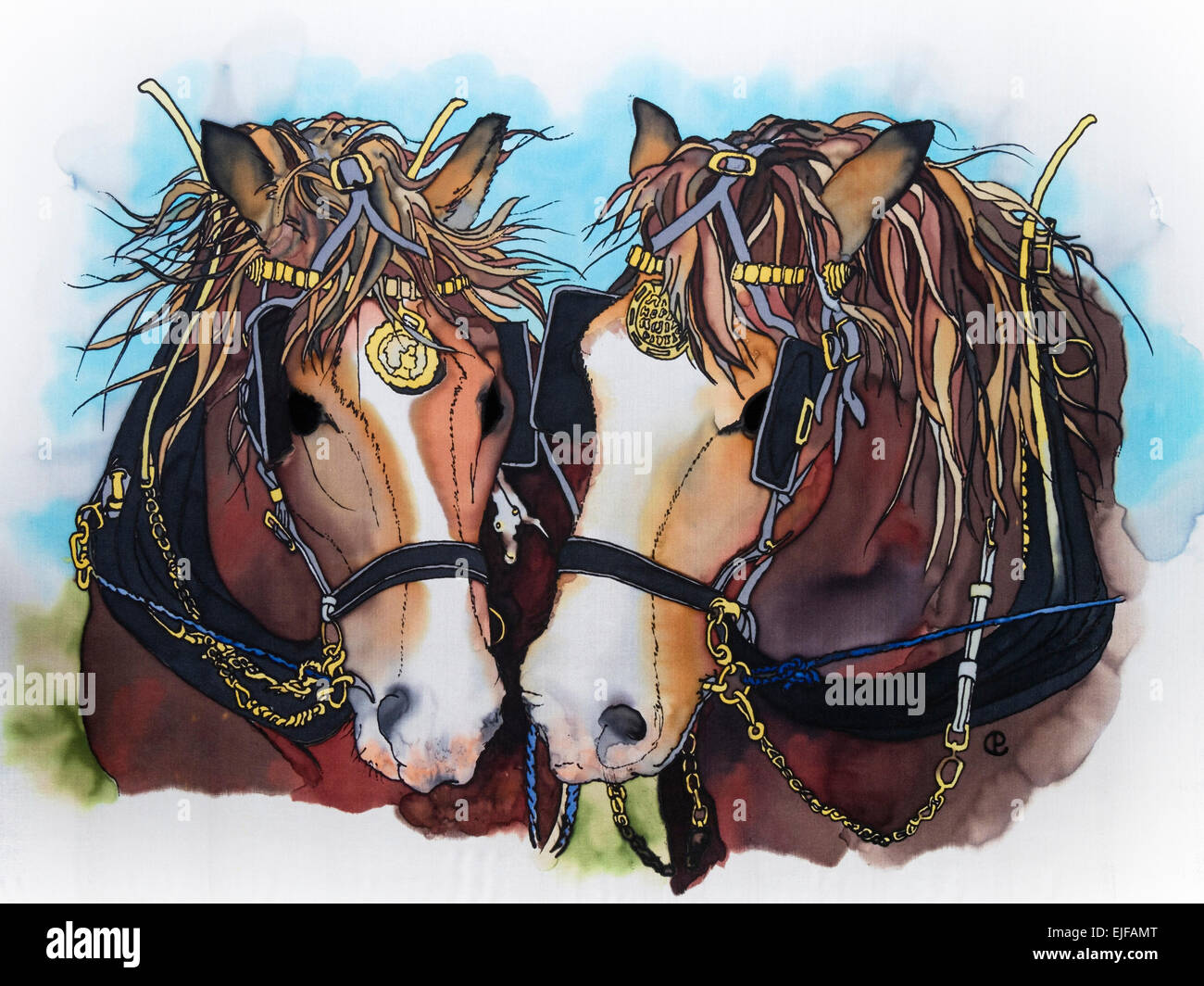 Photograph of silk painting of two shire horses on diffuse background using steam fixed dyes by Paula Chapman Stock Photo