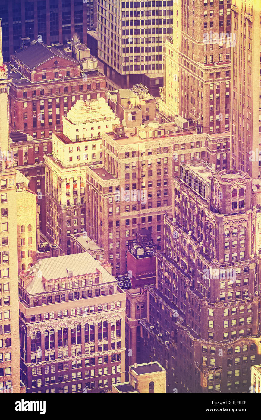 Vintage old film stylized aerial picture of New York City downtown, USA. Stock Photo