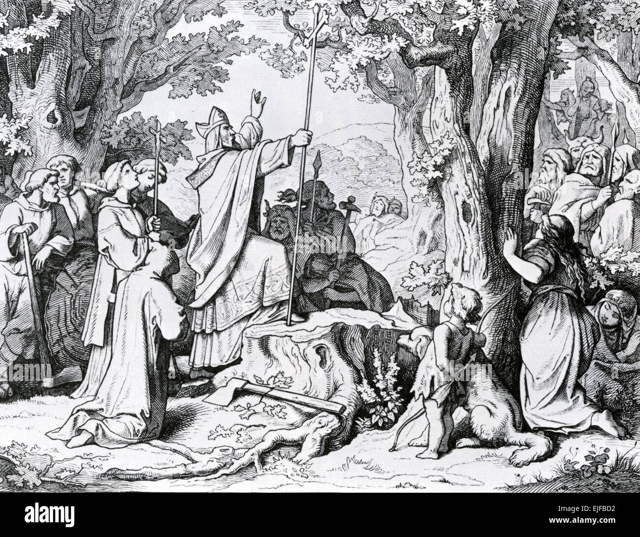 SAINT BONIFACE converting the heathen 19th century engraving Stock