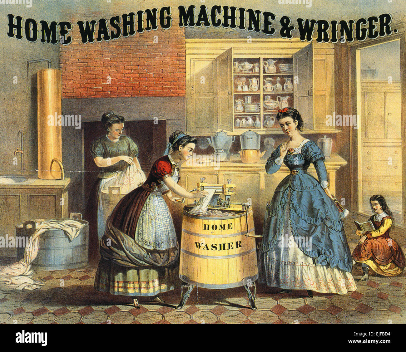 WASHING MACHINE WITH WRINGER in an American advert about 1865 Stock Photo