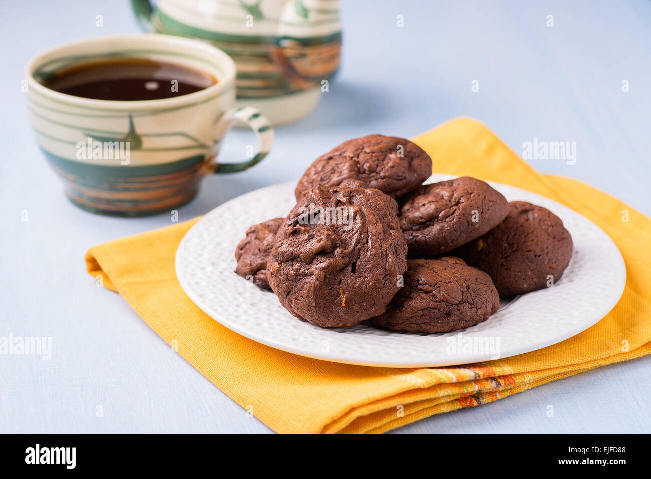 Homemade chocolate cookies on white plate, selective focus Stock Photo