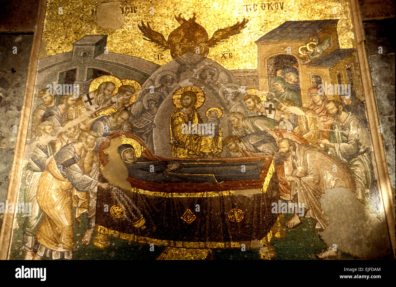 Mosaic in Chora Monastery, Death of the Virgin, ancient Byzantine with coffin, mourners and angel wings Stock Photo