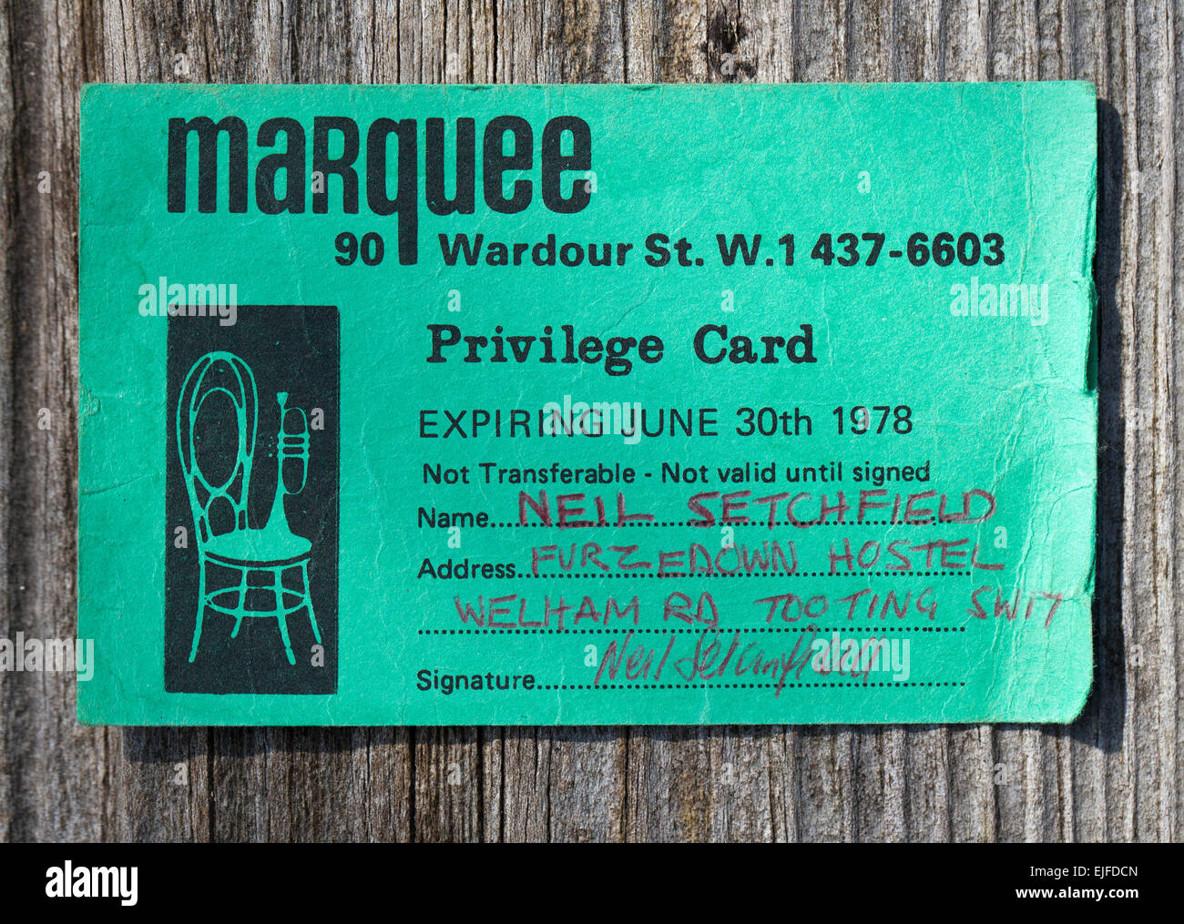 Vintage Privilege Membership card for the Marquee Club Wardour Street London Stock Photo