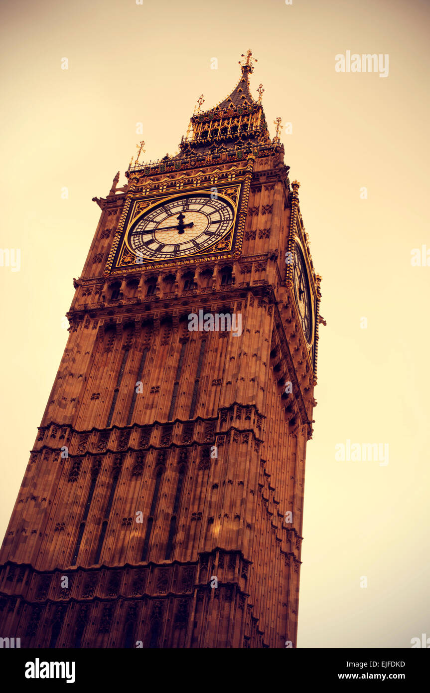 closeup of the Big Ben in London, United Kingdom, vignetted and with a retro effect Stock Photo