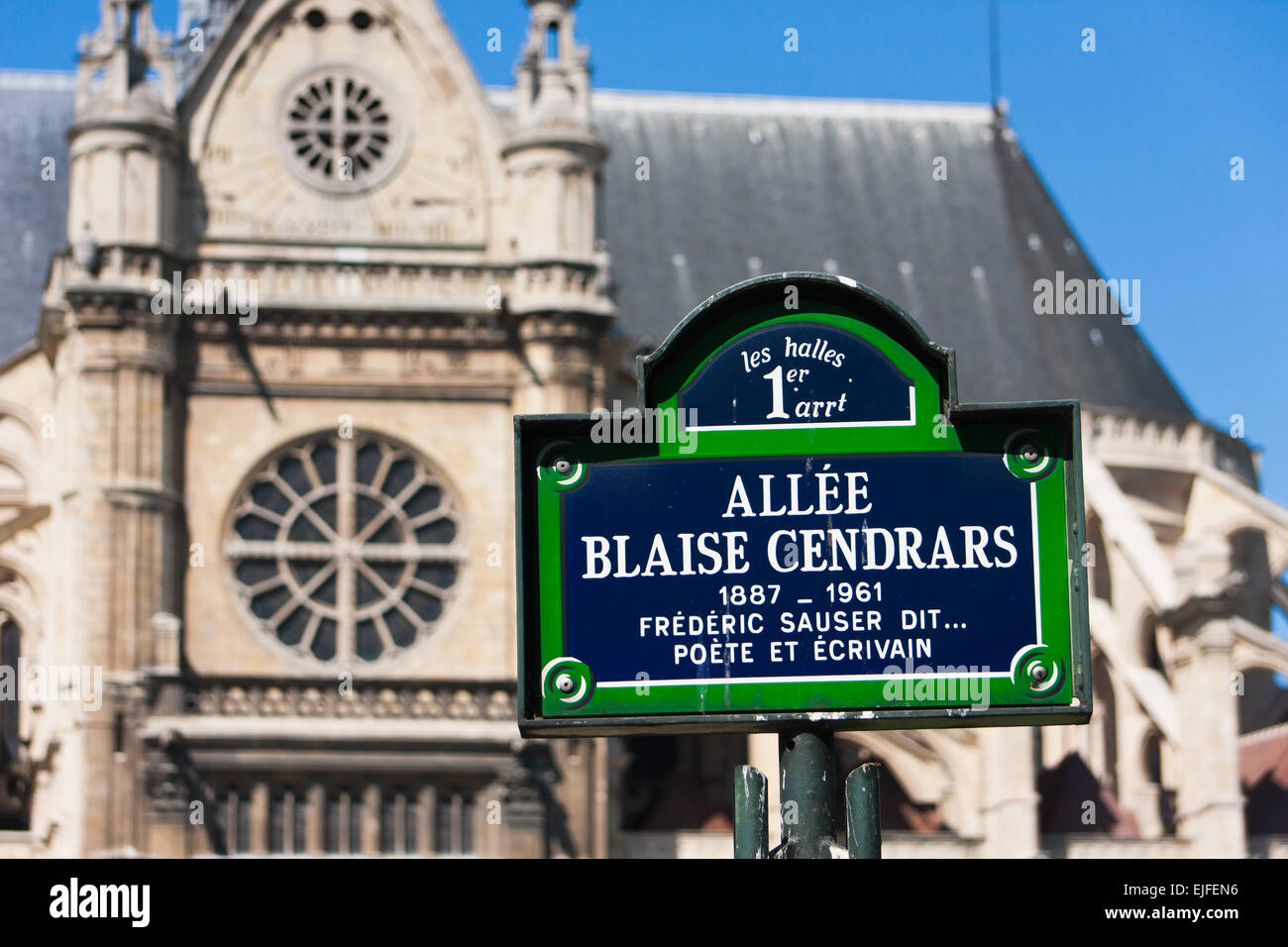 Sign showing Allee Blaise Cendrars in front of Église Saint-Eustache Paris France in May 2008 Stock Photo