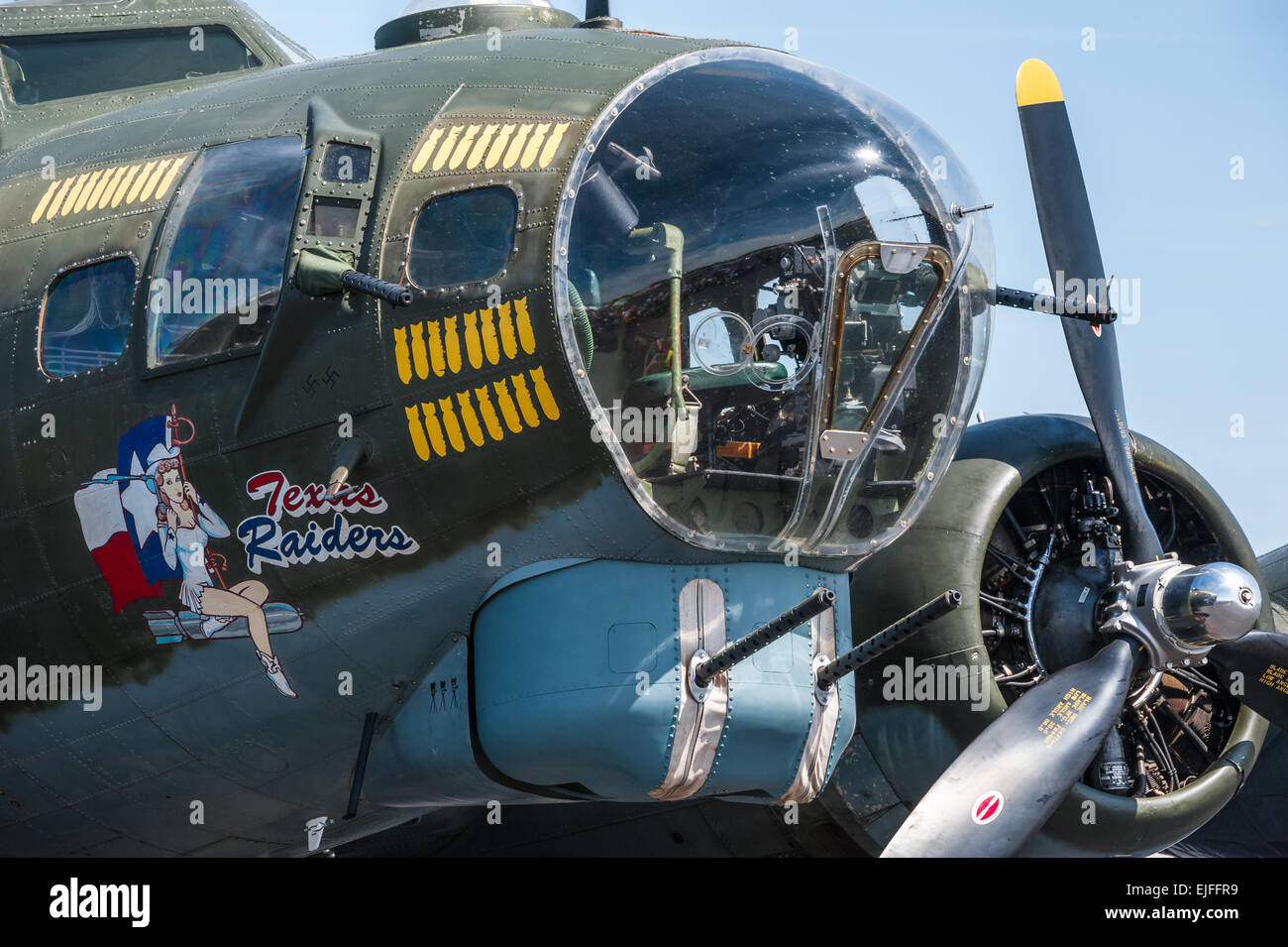 World War II bomber nose art on Texas Raiders B-17 Flying Fortress. USA. Stock Photo