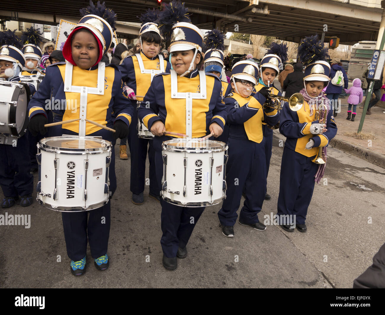 Elementary school marching band in the Three Kings Day Parade in Williamsburg, Brooklyn, NY. Stock Photo