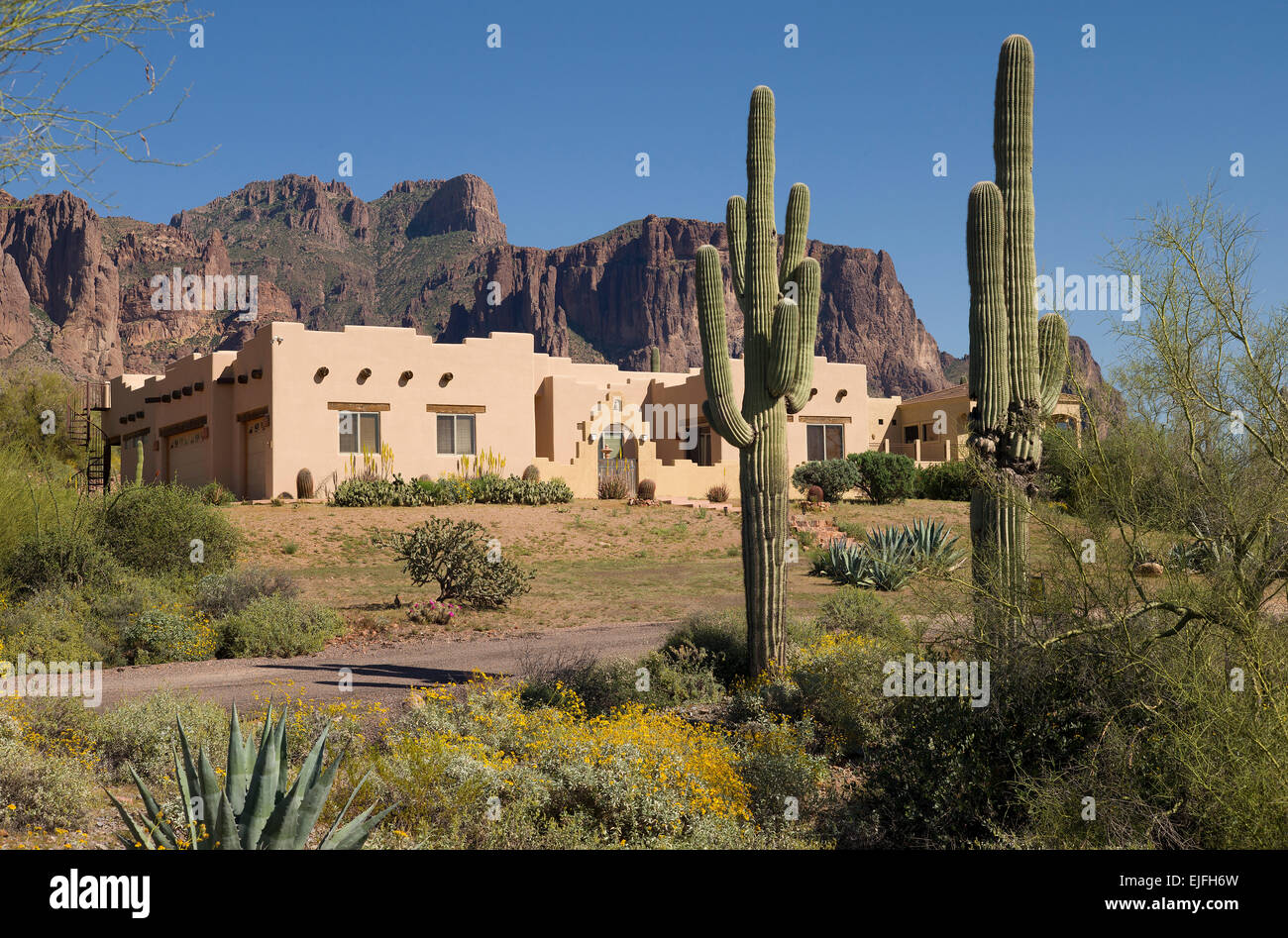A home for sale at the base of the Superstition Mountains Stock Photo
