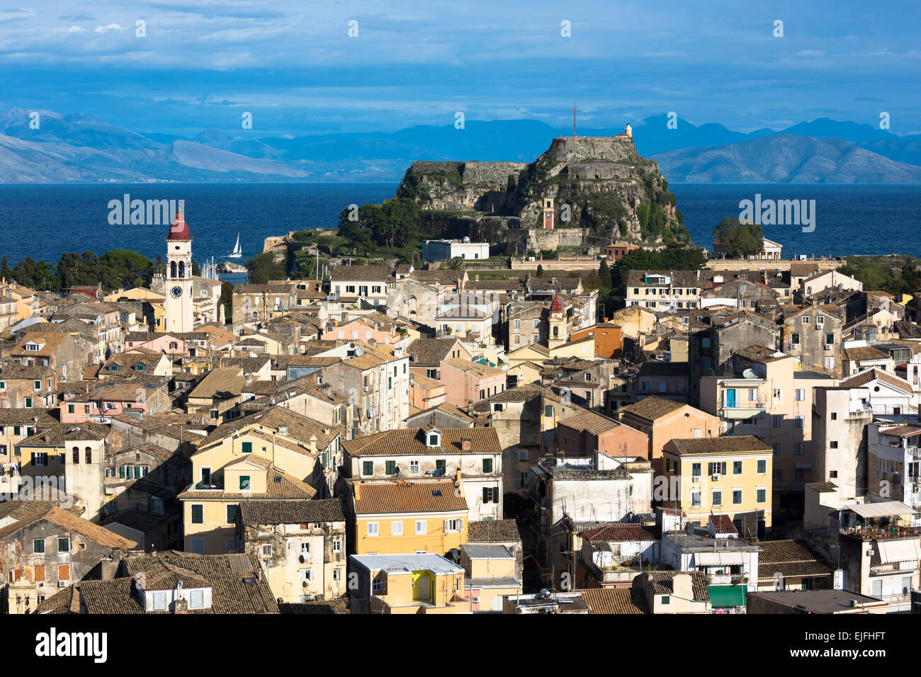Panorama of Kerkyra, Corfu Town with Old Fort, The Paleo Frourio in Corfu, , Greece Stock Photo