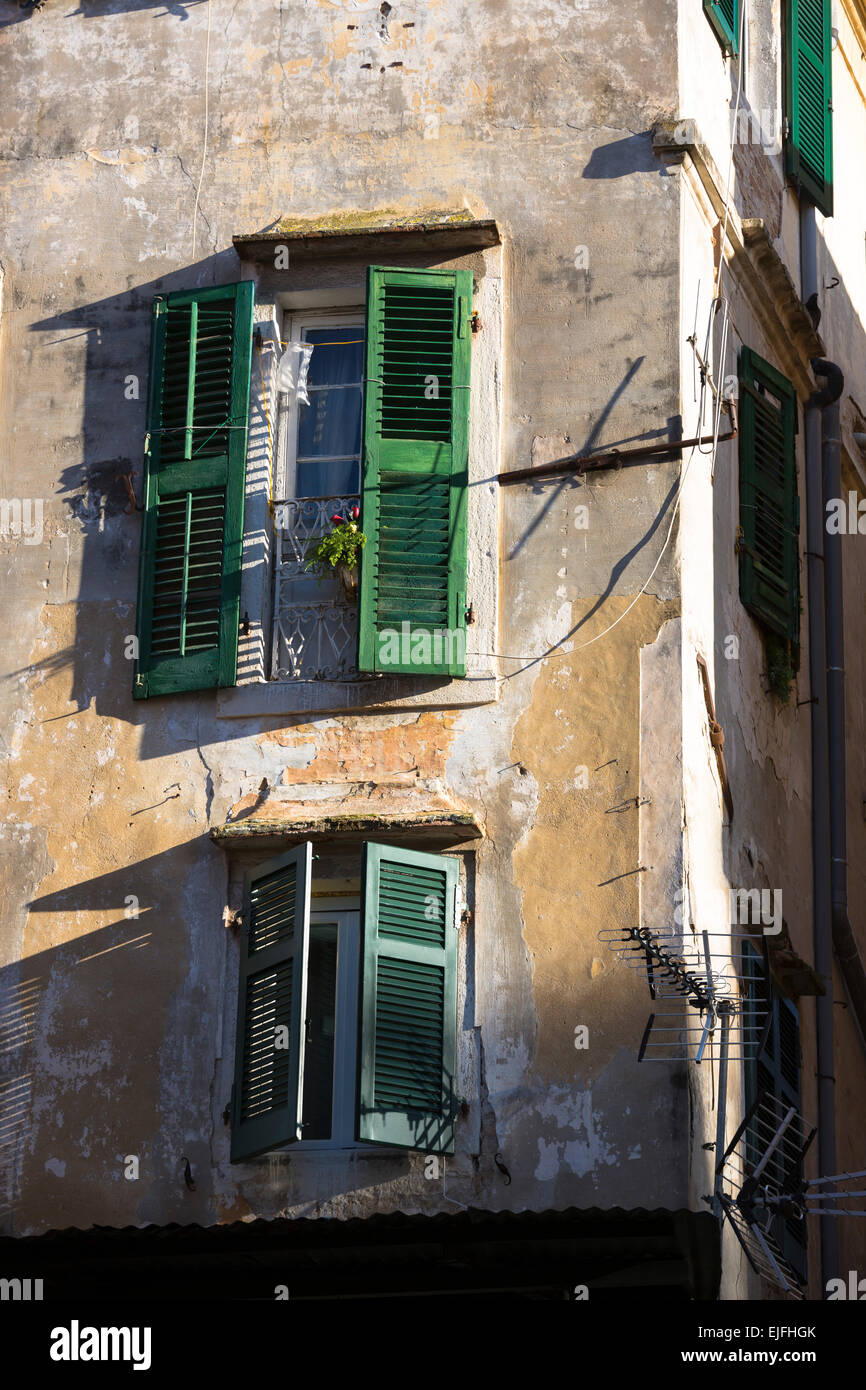 Traditional window shutters in Kerkyra, Corfu Town, Greece Stock Photo