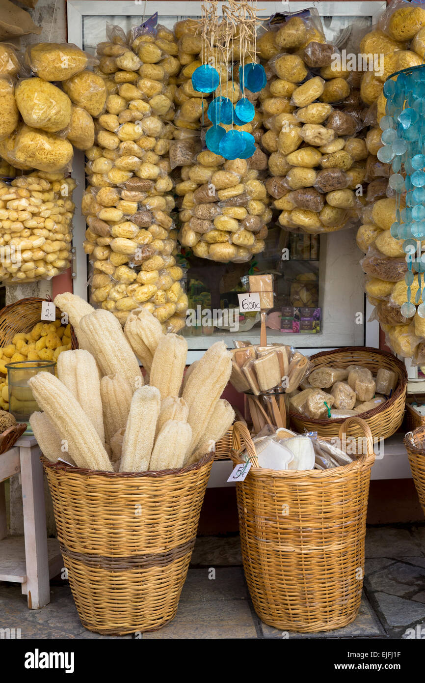 Gifts and souvenirs shop selling natural sea sponge products and loofahs  in Kerkyra, Corfu Town, Greece Stock Photo