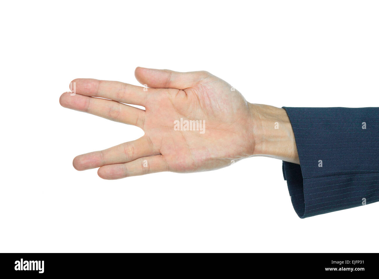 V sign of businessman's hand or peace symbol on white background. Stock Photo