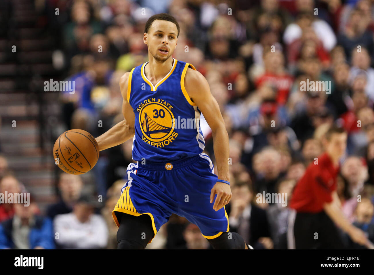 STEPHEN CURRY 30 brings up the ball. The Portland Trail Blazers