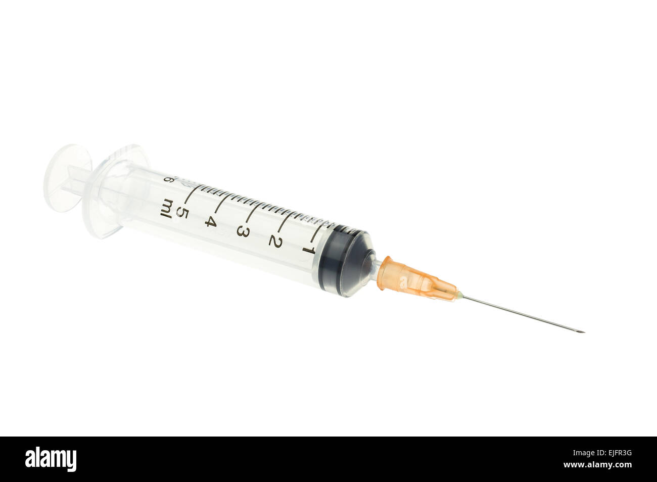 Plastic orange syringe isolated on white background. Single use medical