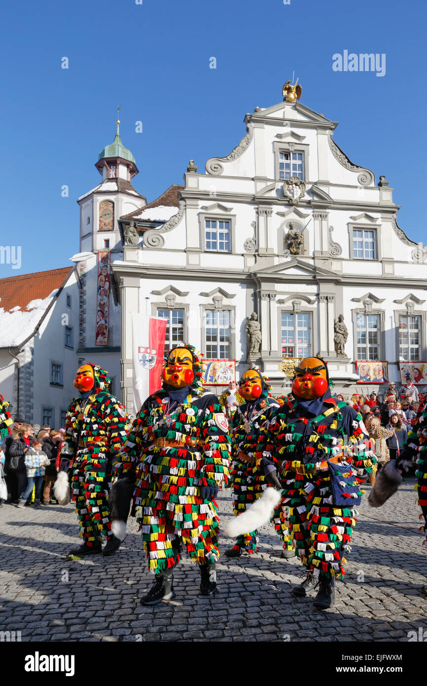 Traditional Swabian-Alemannic Fastnacht, Narrensprung carnival parade, Narrenzunft Dammglonker Langenargen group, Town Hall Stock Photo