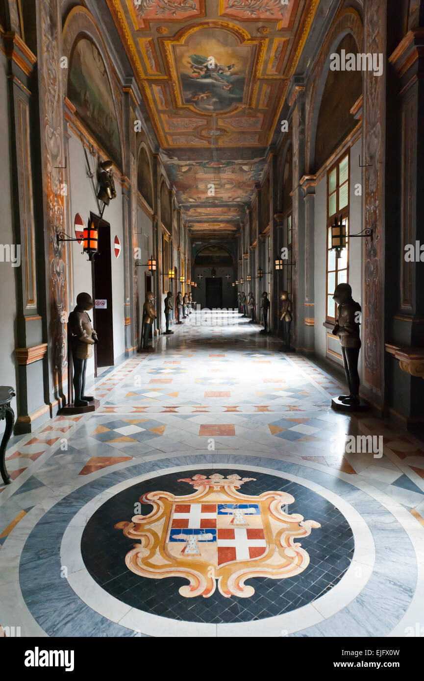 The Armoury Corridor, coat of arms as a marble mosaic on the floor, Grand Masters Palace, Order of the Knights of Malta Stock Photo