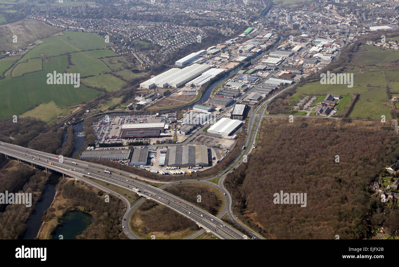 aerial view of Armytage Road Industrial Estate at Junction 25 J25 of the M62, Brighouse, UK Stock Photo