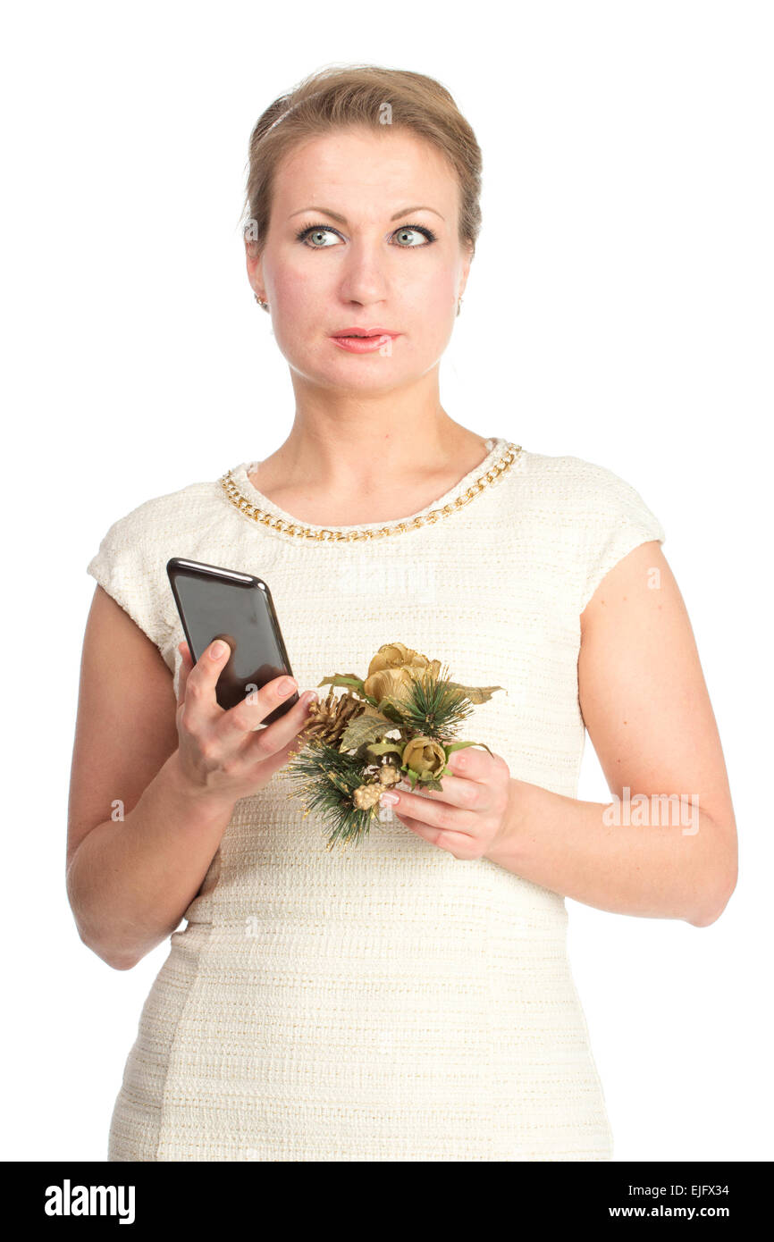 Woman in white dress with mobile, isolated Stock Photo Alamy