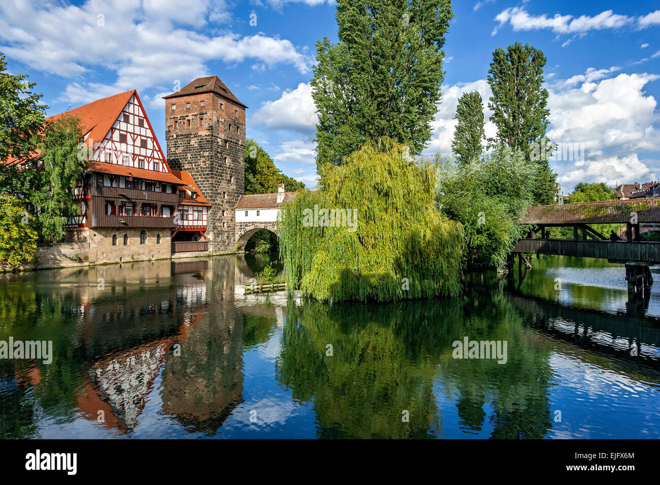 Weinstadel, water tower, Henker- or long bridge, river Pegnitz, historic centre, Nuremberg, Middle Franconia, Franconia, Bavaria Stock Photo